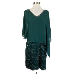 JKara Women's Cocktail Dress Size 6 Green Sequined Asymmetric Caped Mini Sheath